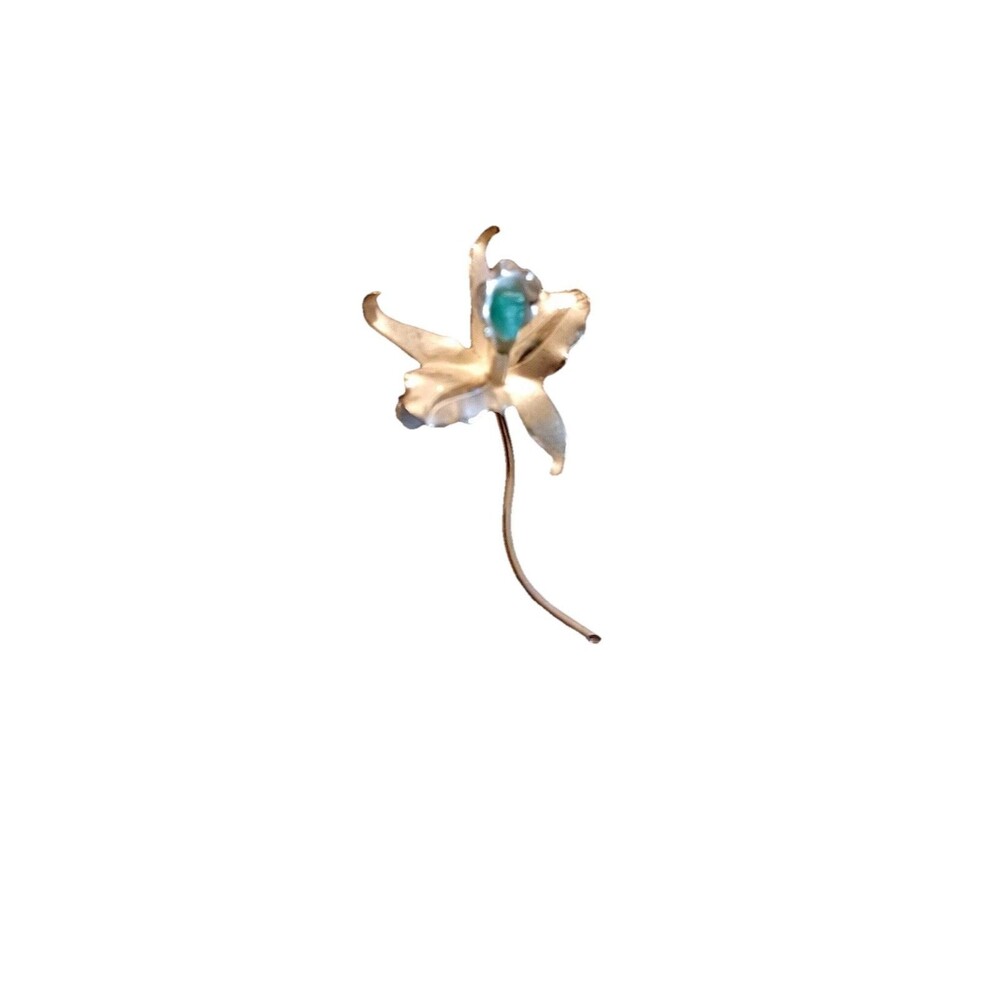 Vintage Colombian Orchid .900 Silver Brooch With Raw Emerald Stone 2.5X1.5